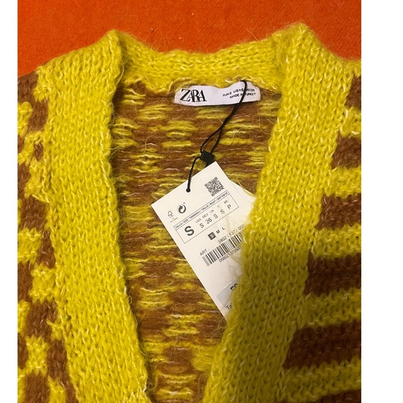 Zara yellow and brown checks stripes touch of wool jacquard knit cardigan NWT - Picture 6 of 11